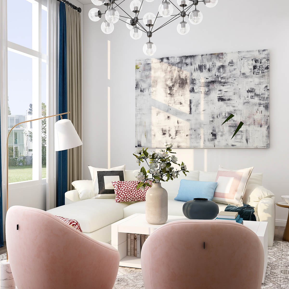 Living room with plush seating, eclectic decor, large artwork, and chandelier.
